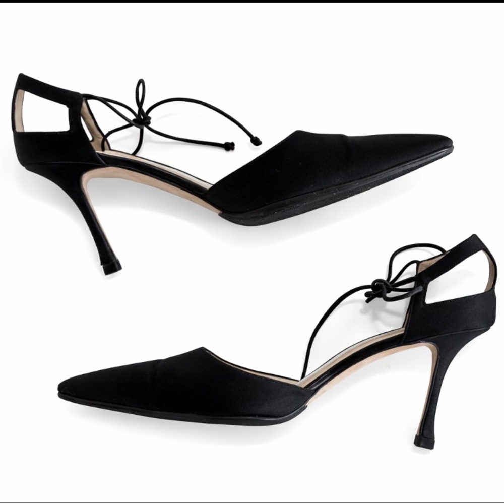 Manolo Blahnik Zaman 70 Black satin Ankle Tie Pumps – 39.5 • Dust Bag - Picture 9 of 11